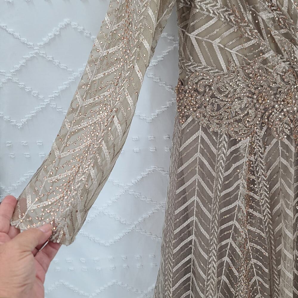 Mac Duggal 20189 Chevron Embellished Long Sleeve Gown Taupe Size 16 Formal - Picture 7 of 16